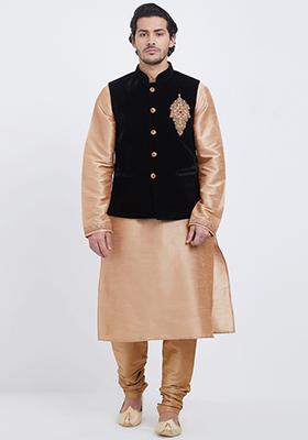 Black Embroidered Velvet  Nehru Jacket Set For Men