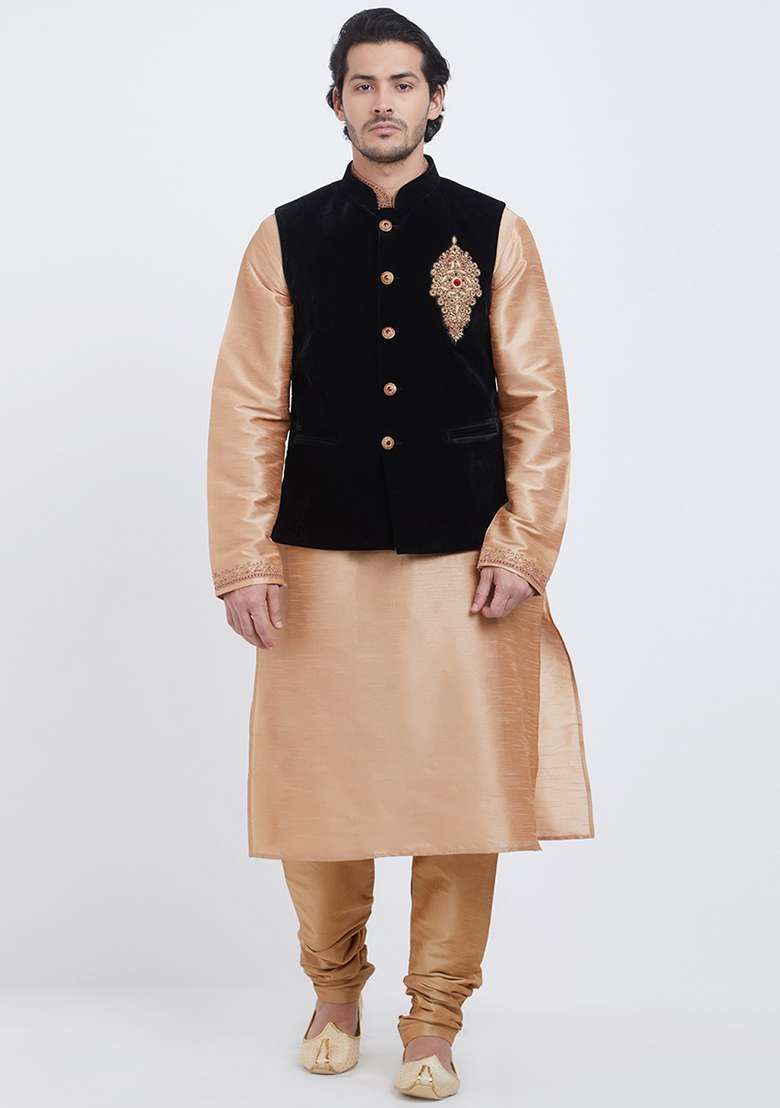 Black Embroidered Velvet  Nehru Jacket Set For Men - Indya