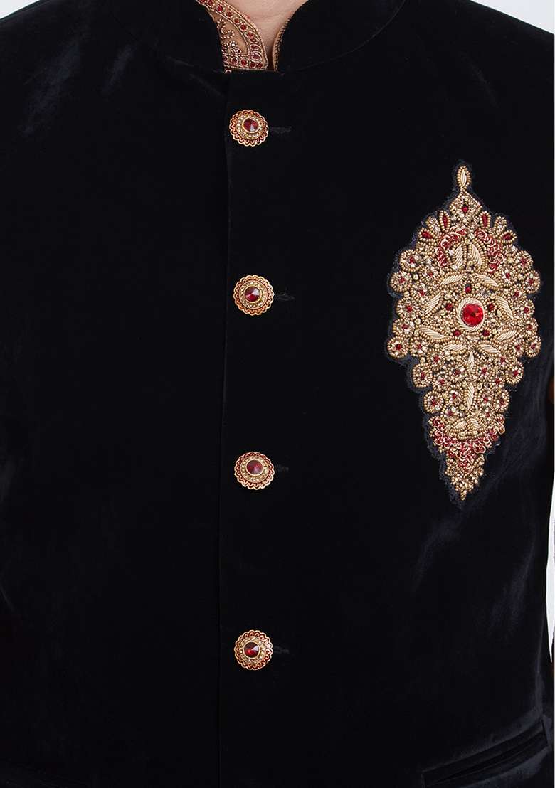 Black Embroidered Velvet  Nehru Jacket Set For Men - Indya