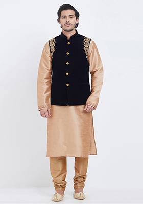Black Embroidered Velvet  Nehru Jacket Set For Men