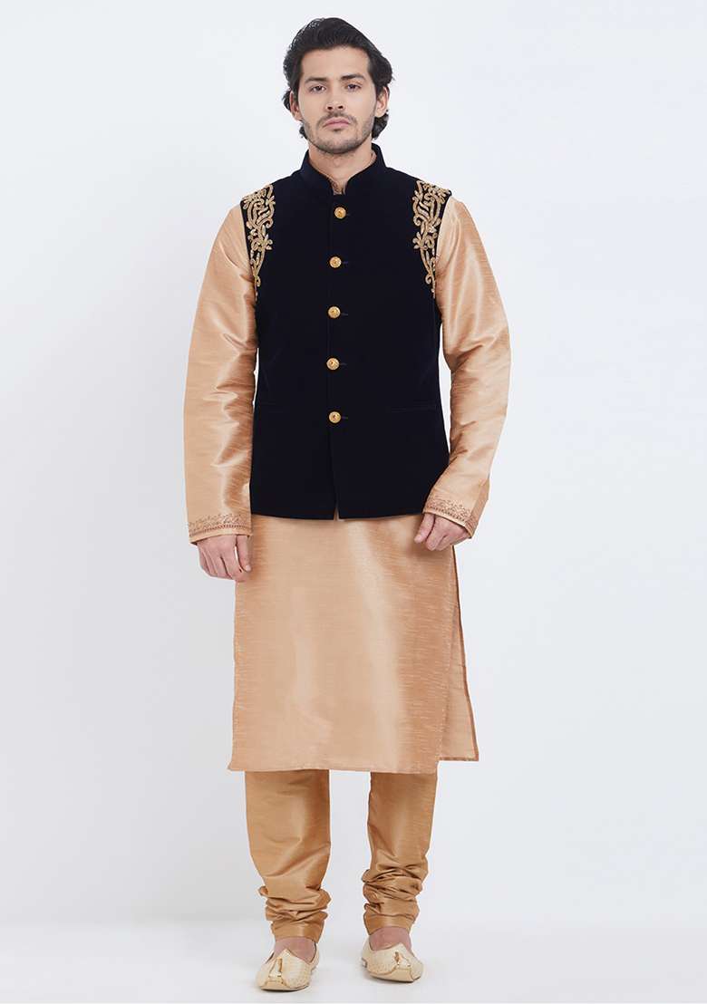 Black Embroidered Velvet  Nehru Jacket Set For Men - Indya