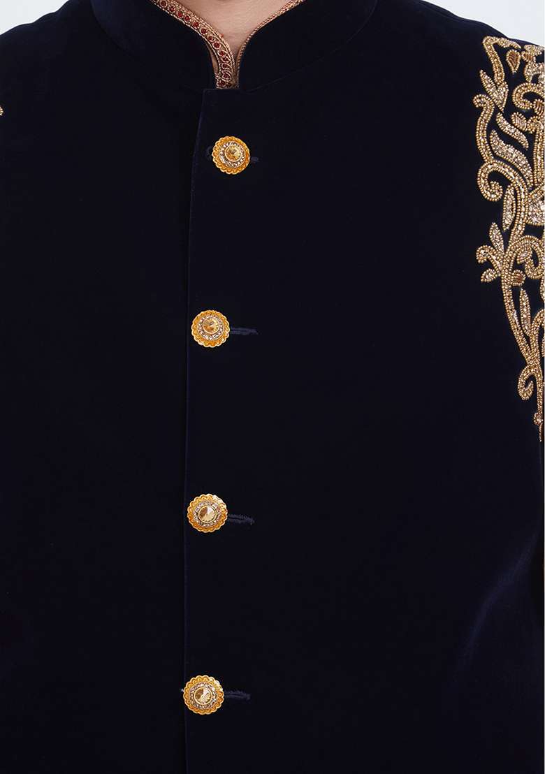 Black Embroidered Velvet  Nehru Jacket Set For Men - Indya