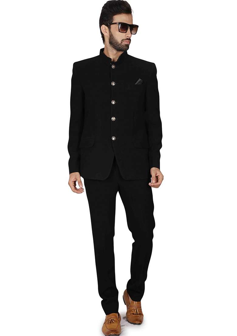 Black Solid Cotton Bandhgala For Men - Indya