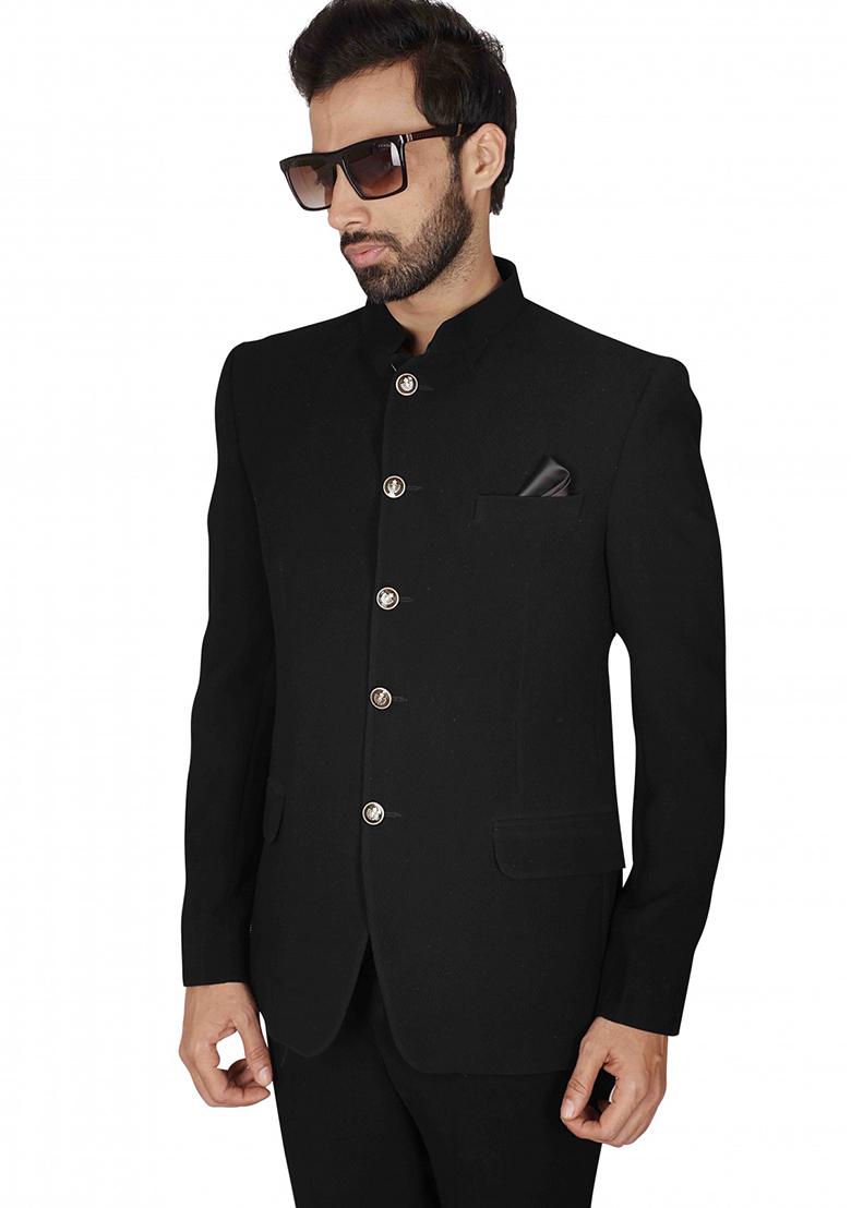 Black Solid Cotton Bandhgala For Men