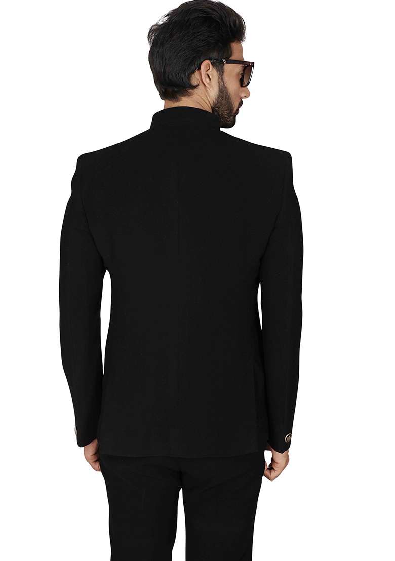 Black Solid Cotton Bandhgala For Men - Indya