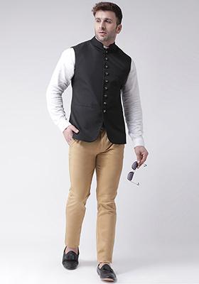 Black Solid Cotton Nehru Jacket Set For Men