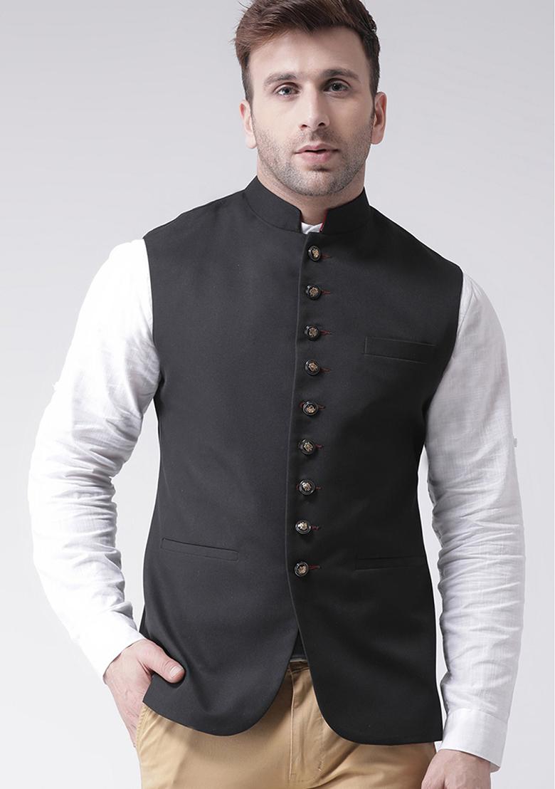 Black Solid Cotton Nehru Jacket Set For Men
