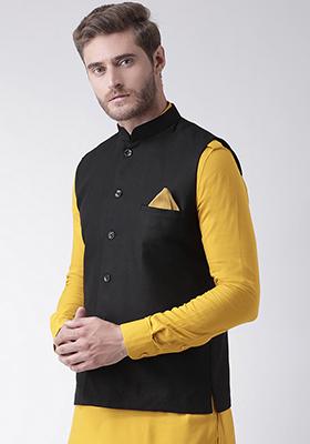 Black Embroidered Cotton Nehru Jacket Set For Men