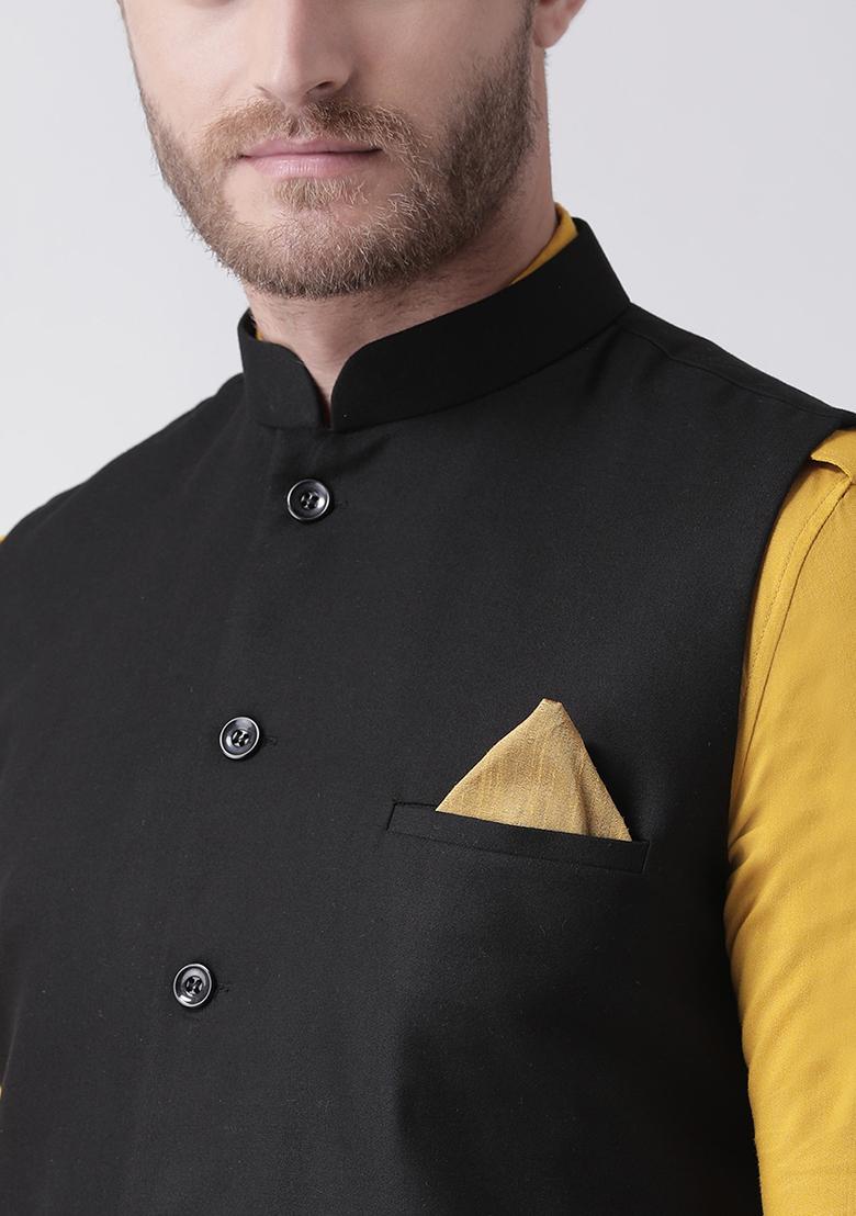 Black Embroidered Cotton Nehru Jacket Set For Men