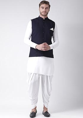 Navy Blue Solid Cotton Nehru Jacket Set For Men