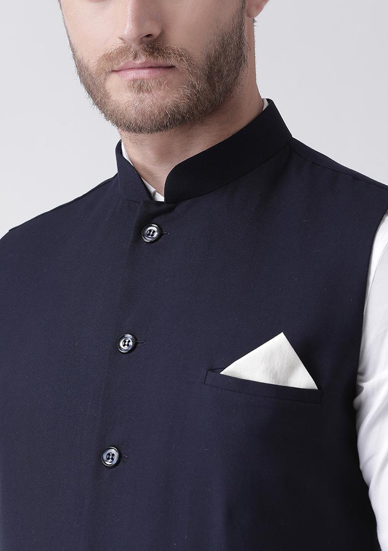 Navy Blue Solid Cotton Nehru Jacket Set For Men