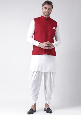 Red Solid Cotton Nehru Jacket Set For Men