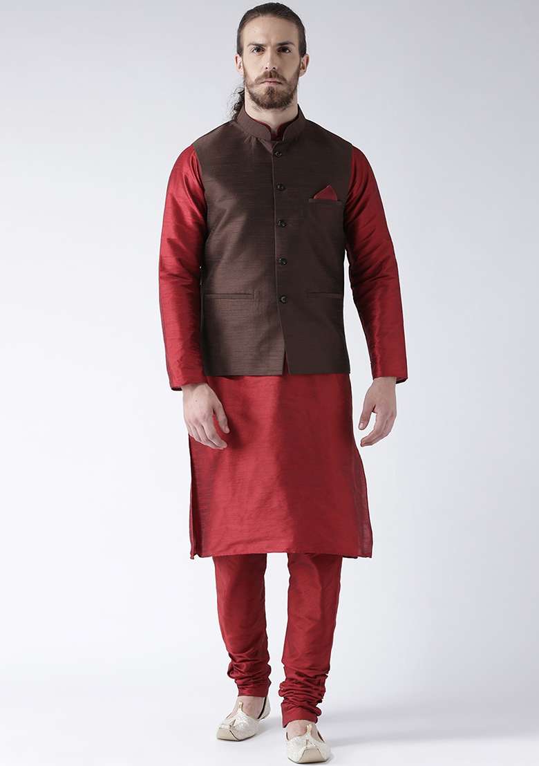 Brown Solid Silk Blend Nehru Jacket Set For Men - Indya