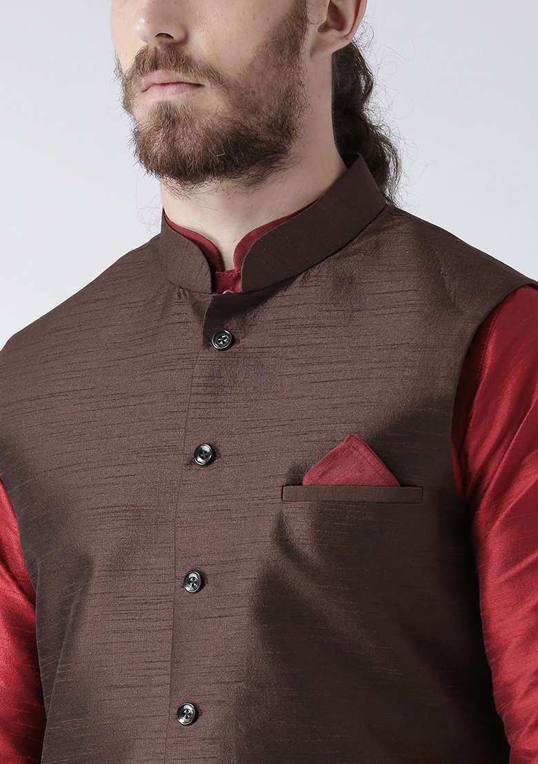 Brown Solid Silk Blend Nehru Jacket Set For Men - Indya