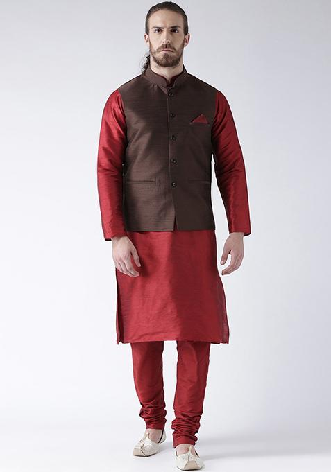 Brown Solid Silk Nehru Jacket Set For Men