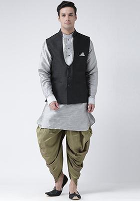 Black Solid Silk Nehru Jacket Set For Men
