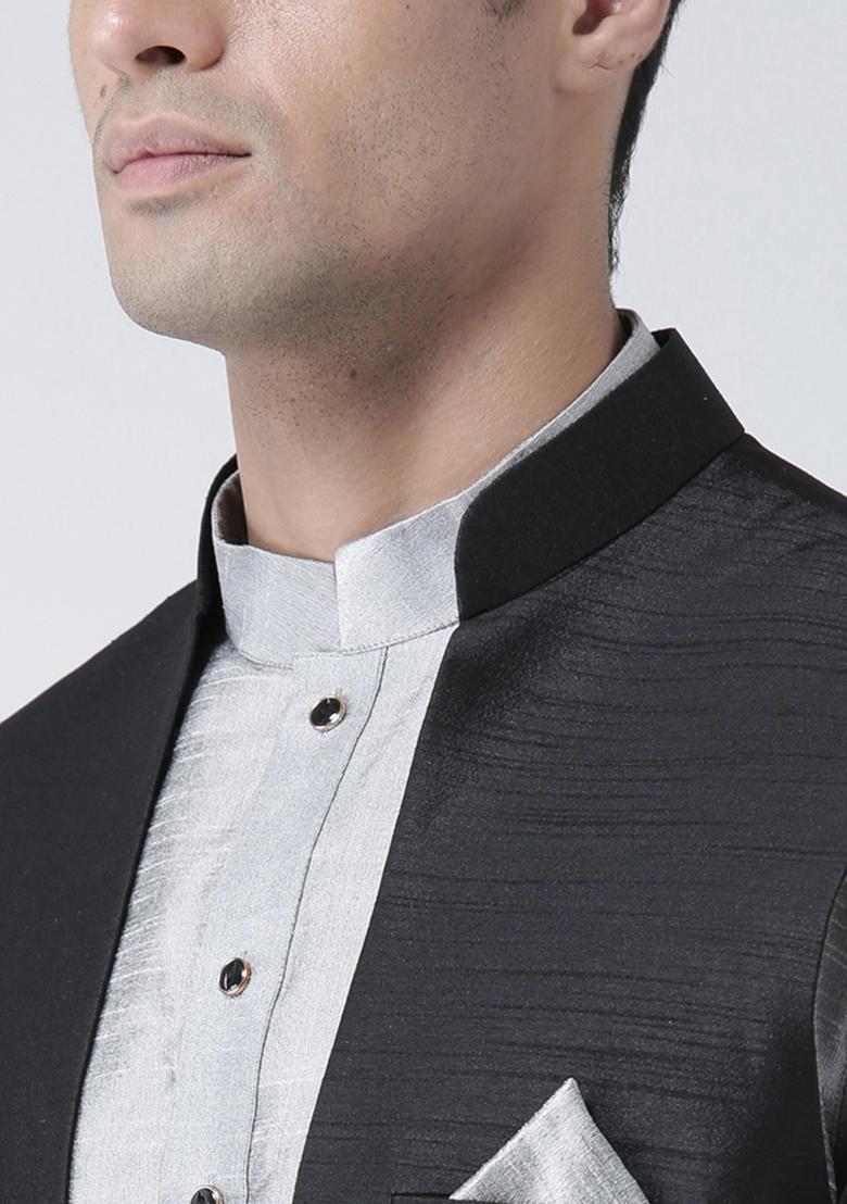 Black Solid Silk Nehru Jacket Set For Men
