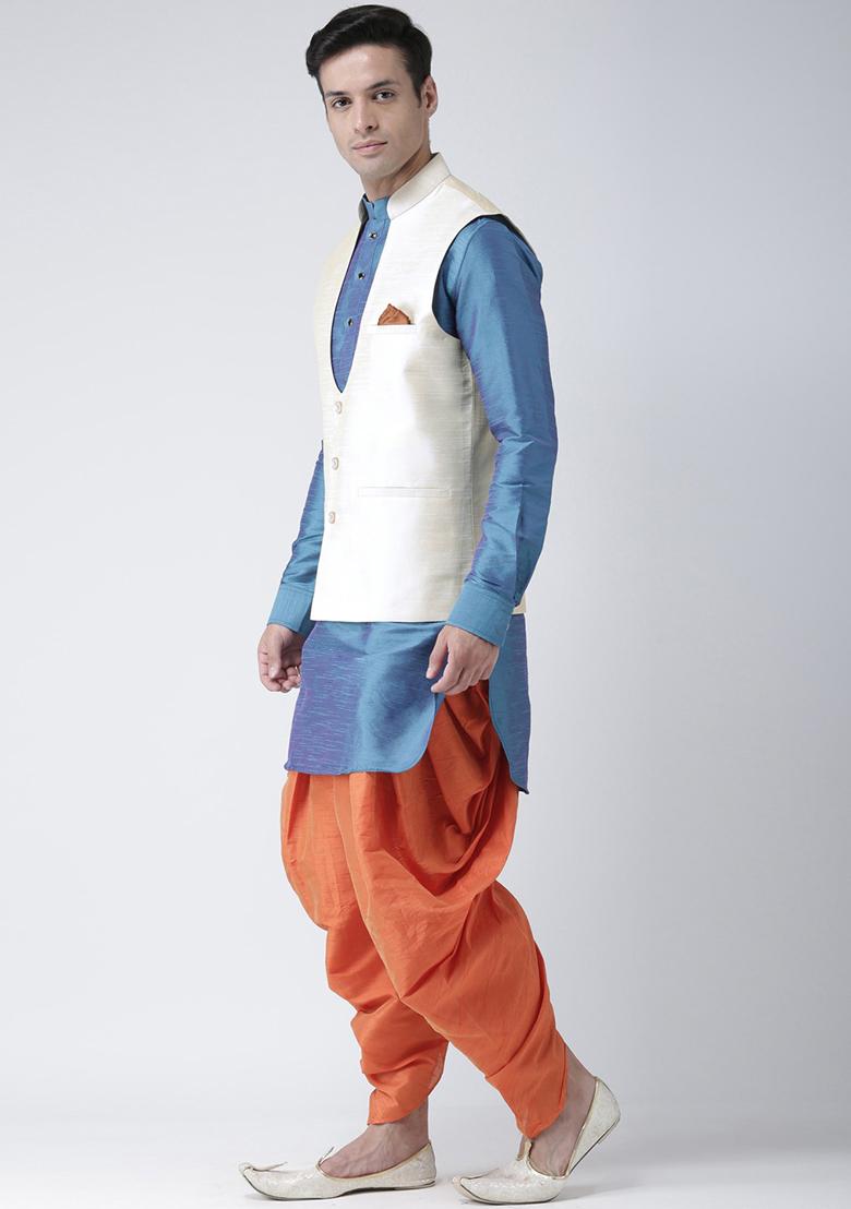 Cream Solid Silk Nehru Jacket Set For Men
