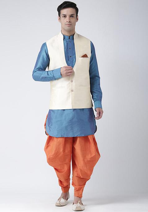 Cream Solid Silk Nehru Jacket Set For Men