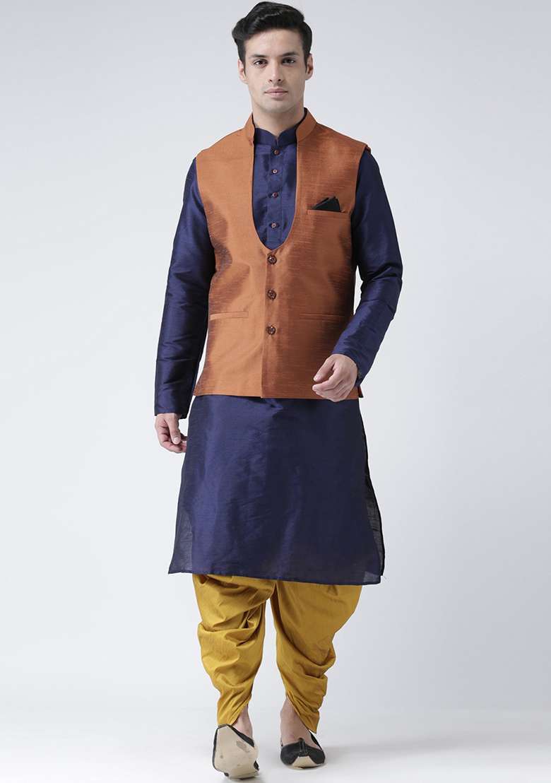 Rust Brown Solid Silk Blend Nehru Jacket Set For Men - Indya