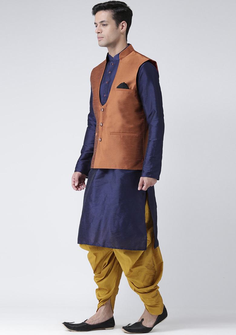 Rust Brown Solid Silk Nehru Jacket Set For Men