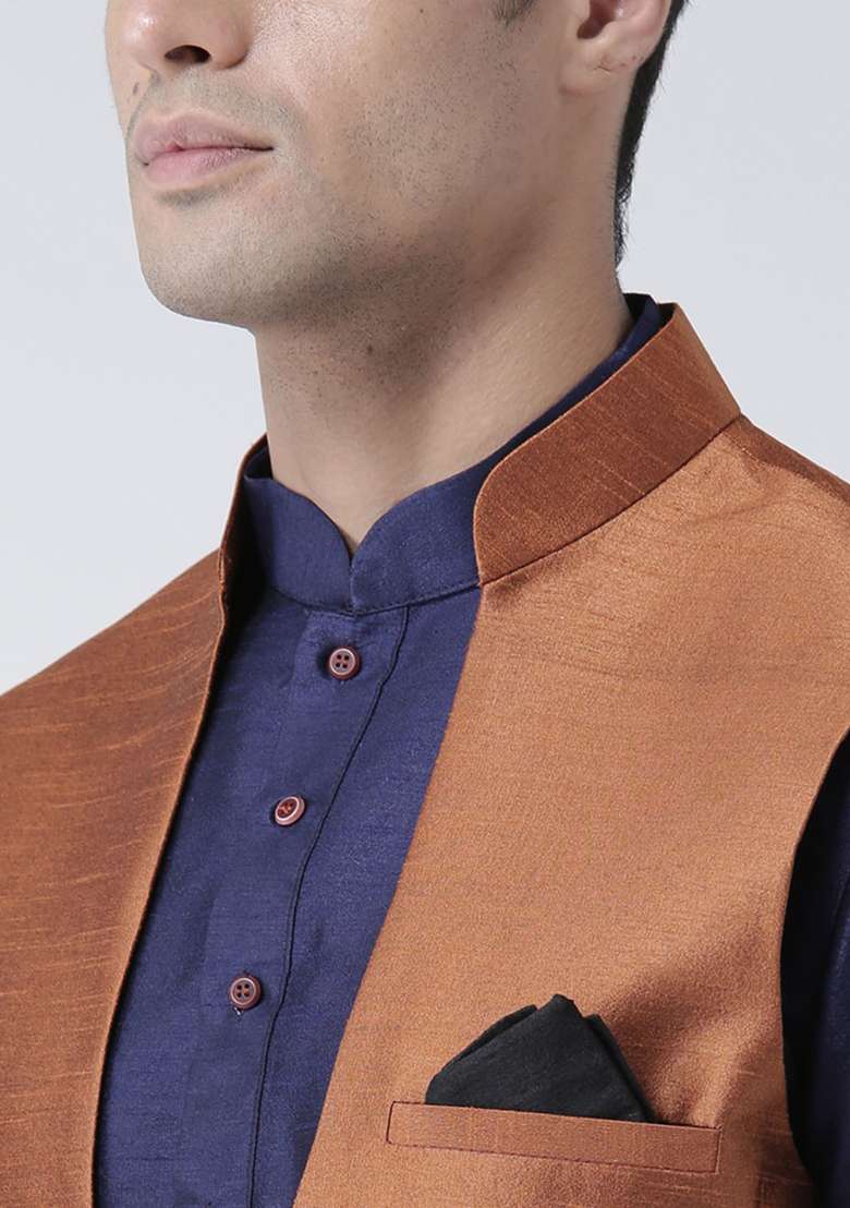 Rust Brown Solid Silk Blend Nehru Jacket Set For Men - Indya