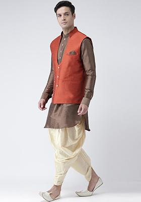 Orange Solid Silk Nehru Jacket Set For Men