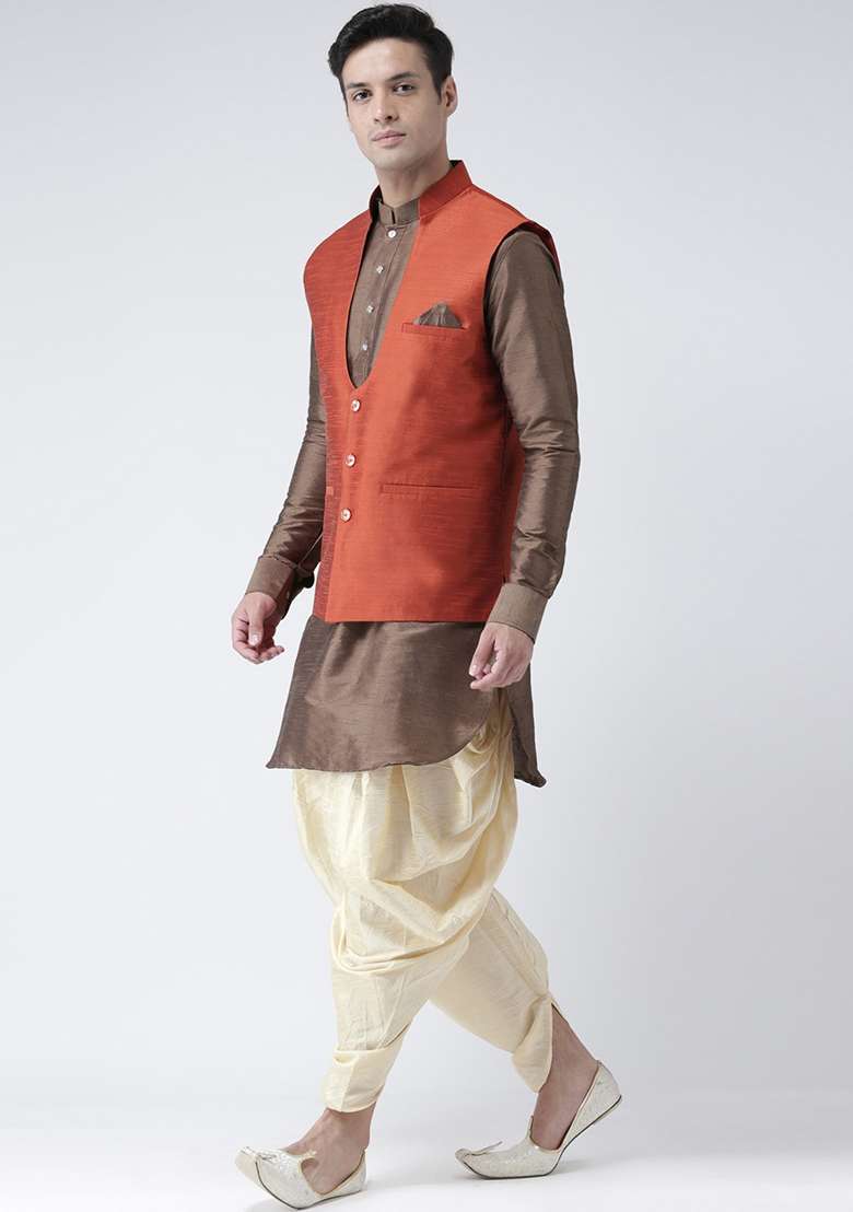 Orange Solid Silk Blend Nehru Jacket Set For Men - Indya