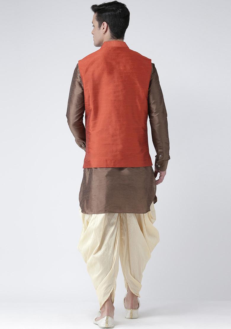 Orange Solid Silk Nehru Jacket Set For Men