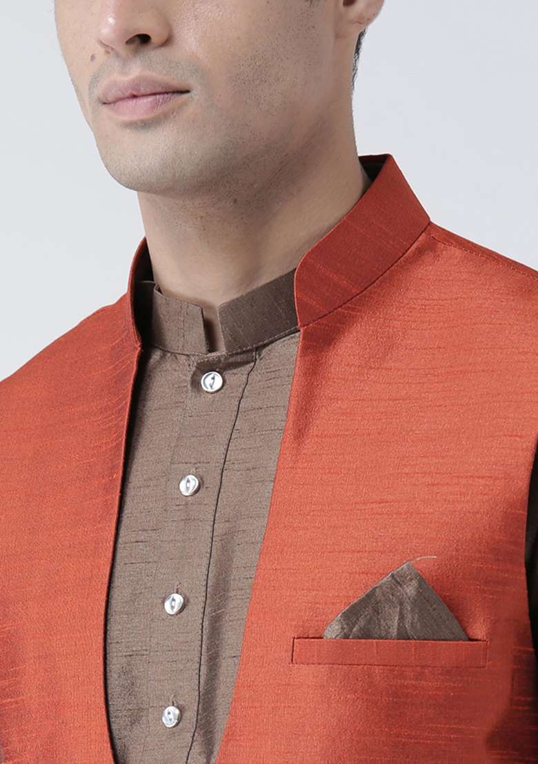 Orange Solid Silk Blend Nehru Jacket Set For Men - Indya