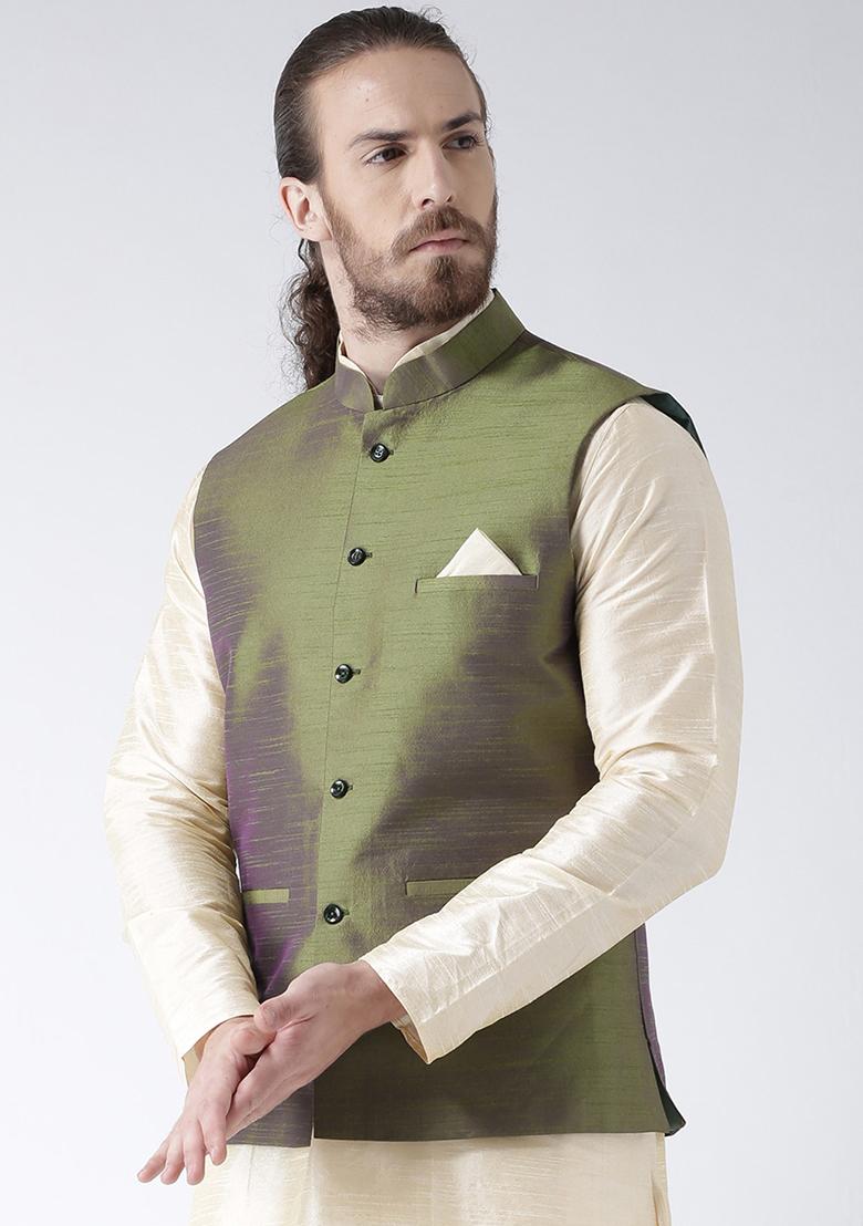 Green Solid Silk Nehru Jacket Set For Men