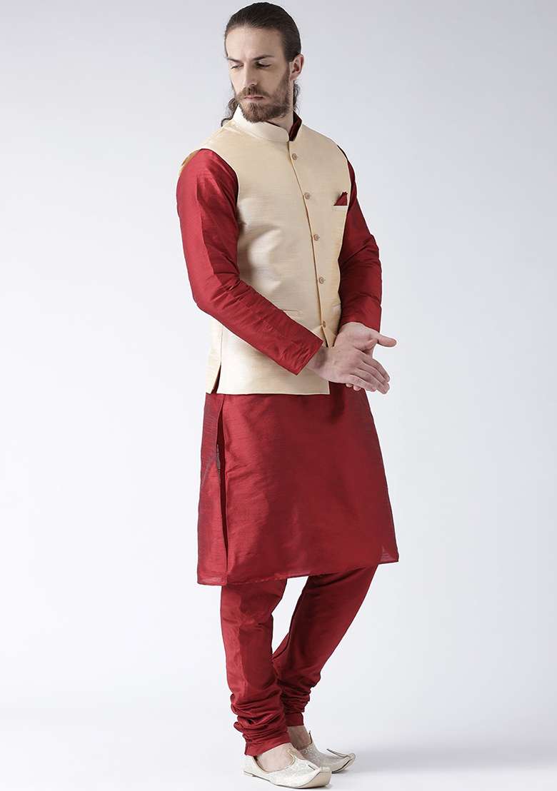 Fawn Yellow Solid Silk Blend Nehru Jacket Set For Men - Indya