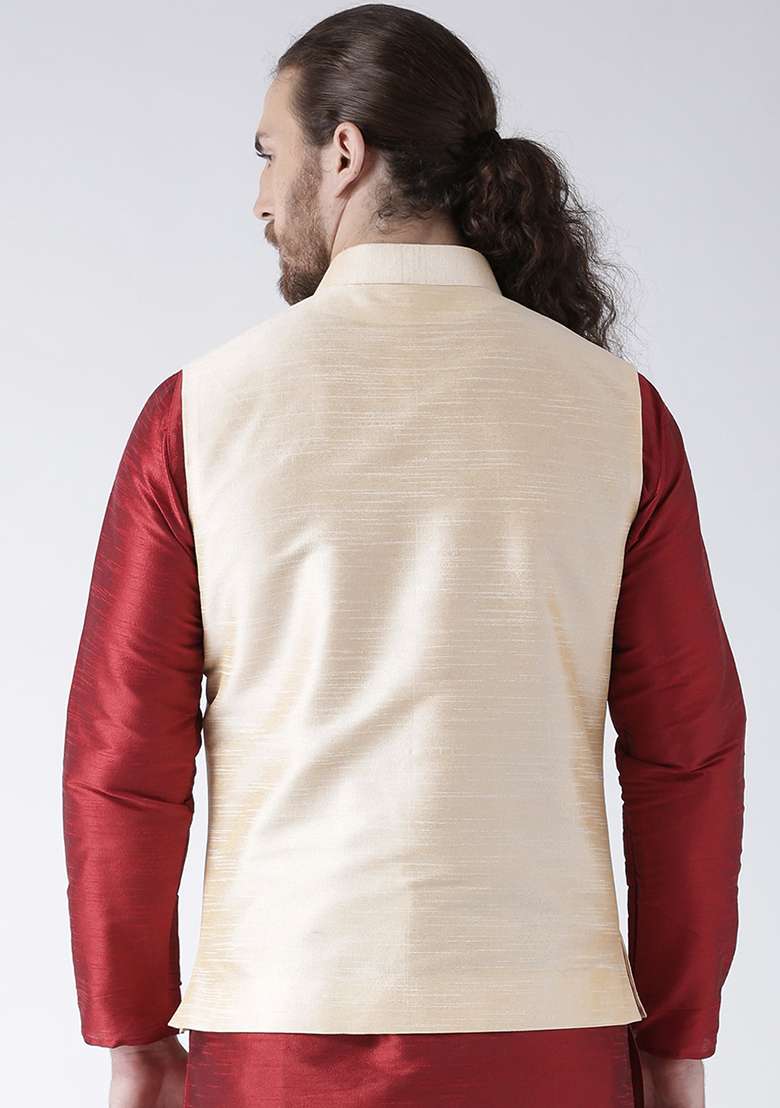 Fawn Yellow Solid Silk Blend Nehru Jacket Set For Men - Indya