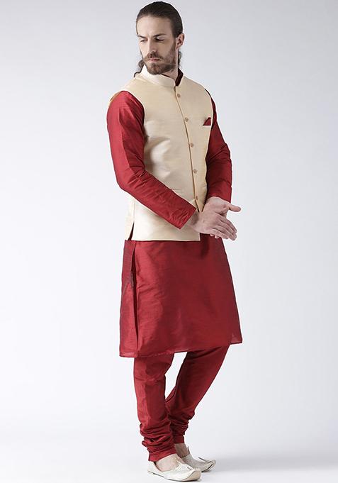 Fawn Yellow Solid Silk Nehru Jacket Set For Men