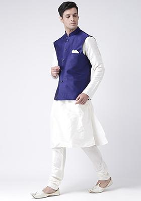 Blue Solid Silk Nehru Jacket Set For Men
