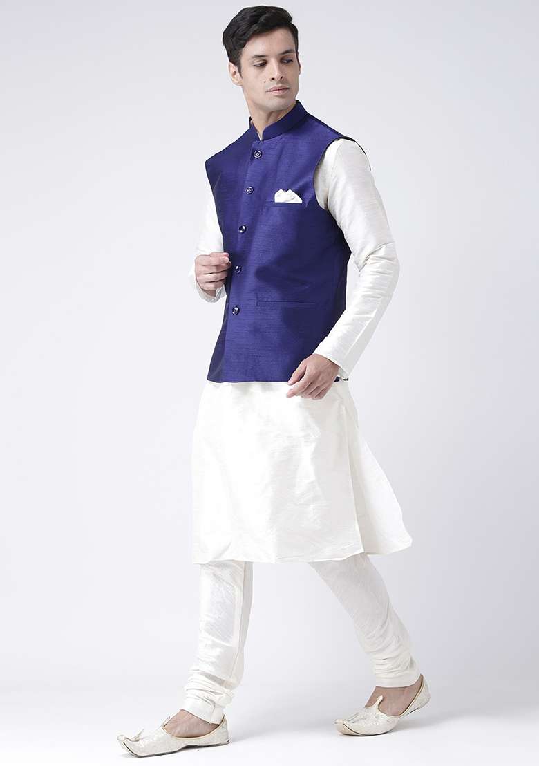 Blue Solid Silk Blend Nehru Jacket Set For Men - Indya