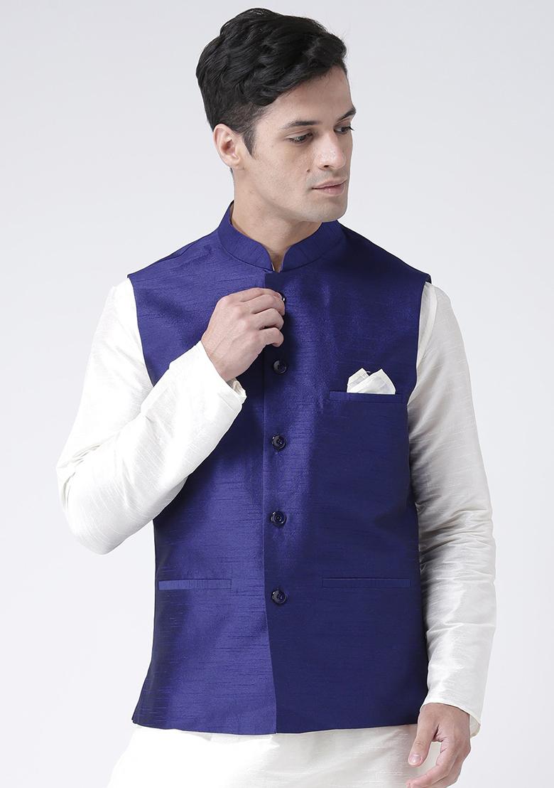 Blue Solid Silk Nehru Jacket Set For Men