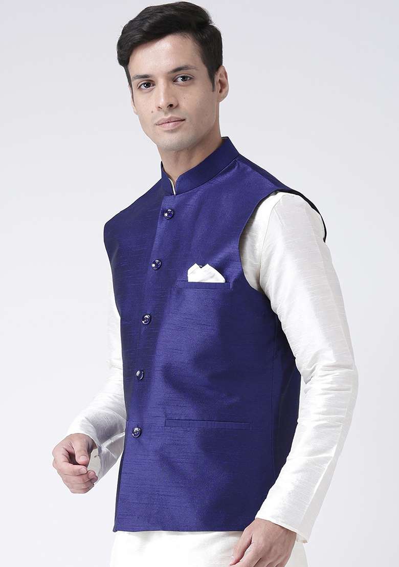Blue Solid Silk Blend Nehru Jacket Set For Men - Indya