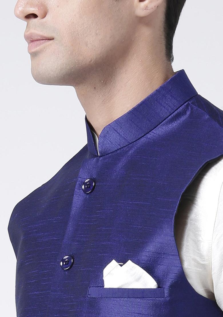 Blue Solid Silk Nehru Jacket Set For Men