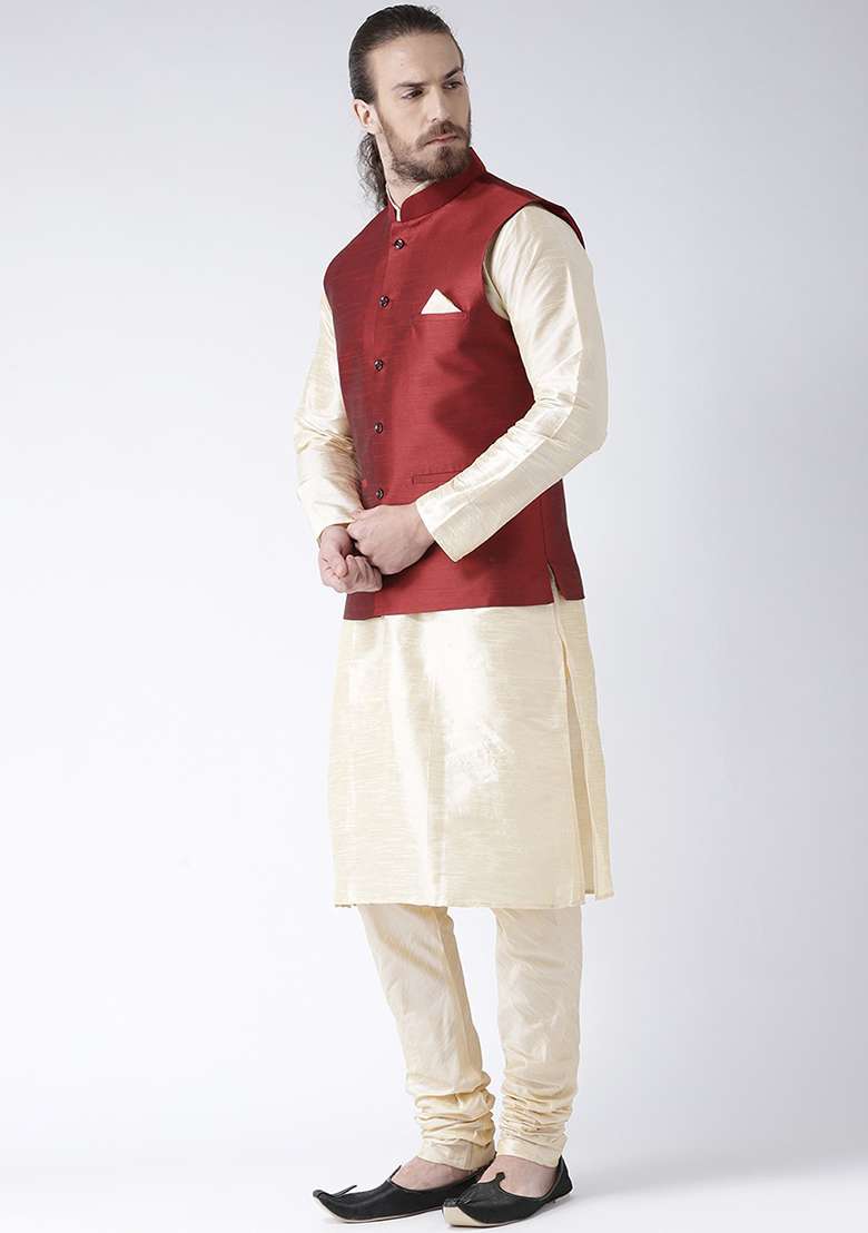 Maroon Solid Silk Blend Nehru Jacket Set For Men - Indya