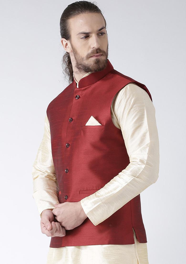 Maroon Solid Silk Nehru Jacket Set For Men