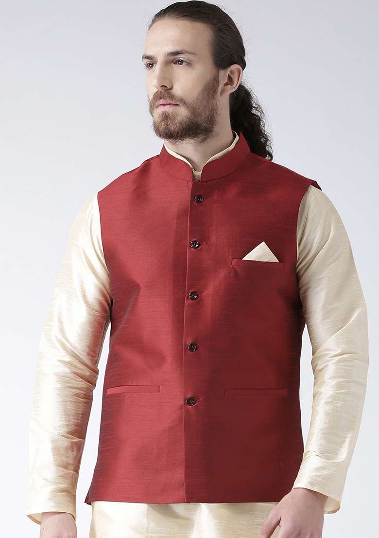 Maroon Solid Silk Blend Nehru Jacket Set For Men - Indya