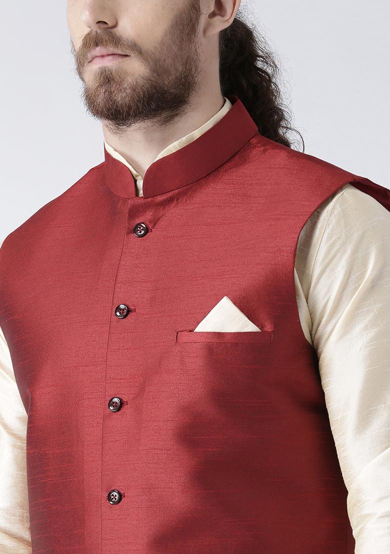 Maroon Solid Silk Nehru Jacket Set For Men