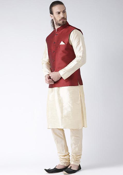 Maroon Solid Silk Nehru Jacket Set For Men