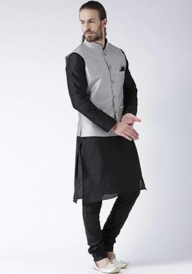 Grey Solid Silk Nehru Jacket Set For Men