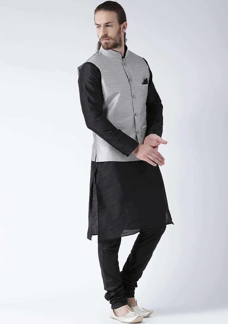 Grey Solid Silk Blend Nehru Jacket Set For Men - Indya
