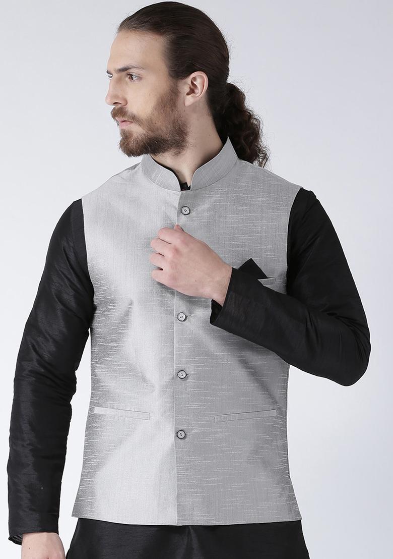 Grey Solid Silk Nehru Jacket Set For Men