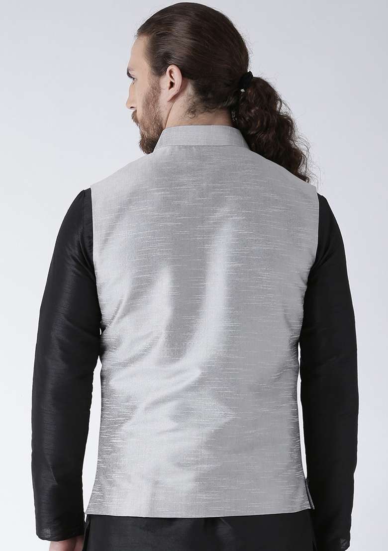Grey Solid Silk Blend Nehru Jacket Set For Men - Indya