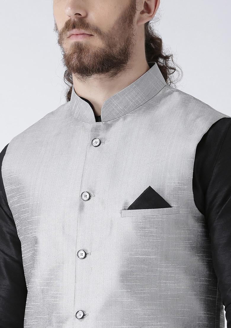 Grey Solid Silk Nehru Jacket Set For Men