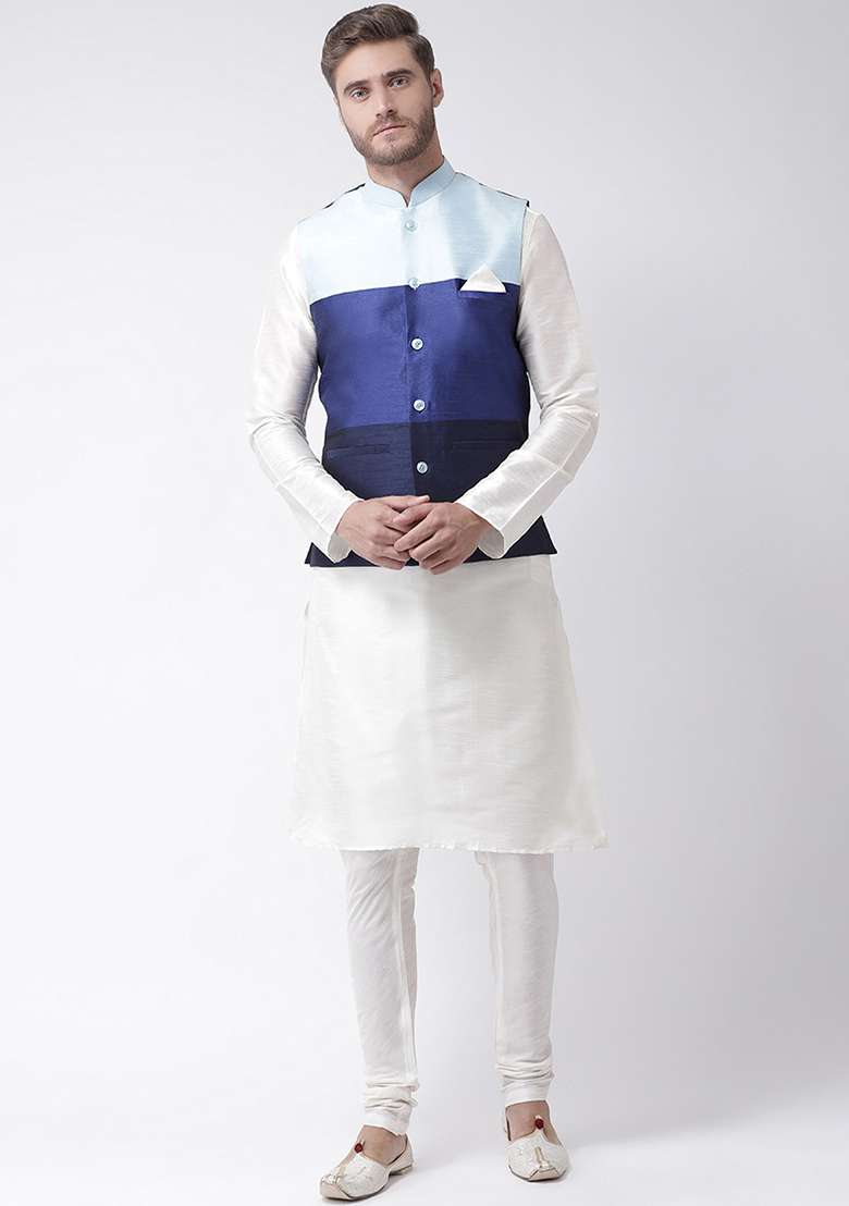 Multi Color Embroidered Silk Blend Nehru Jacket Set For Men - Indya